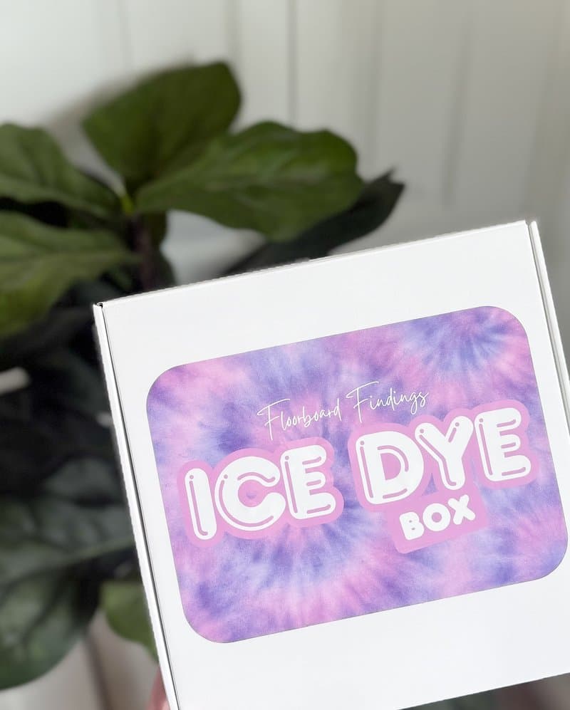 Floorboard Findings branded Ice Dye Box with plant